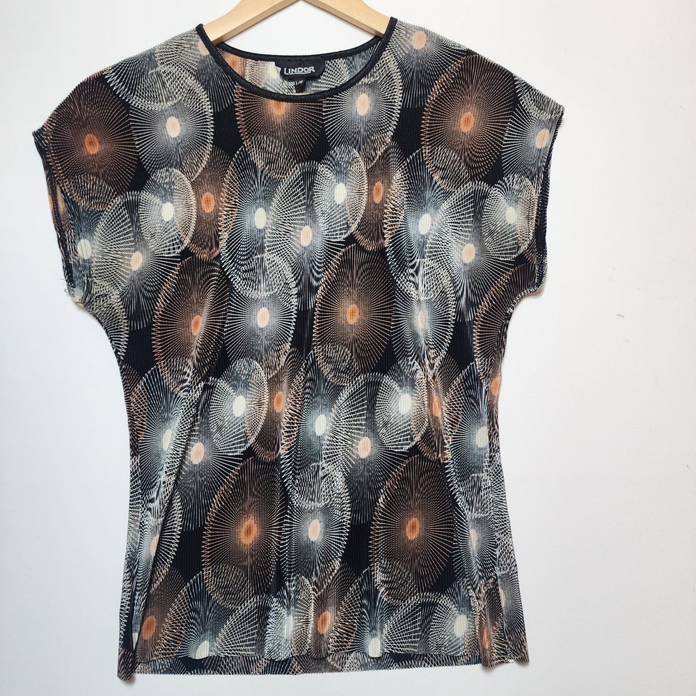 Lindor Geometric Sunburst Medallion Plisse Pleated Top Black Tan Size Large